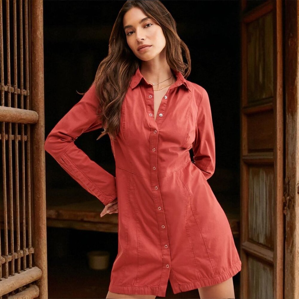 Free People Thea Button down Mini Shirt Dress Tunic Rust Color L
